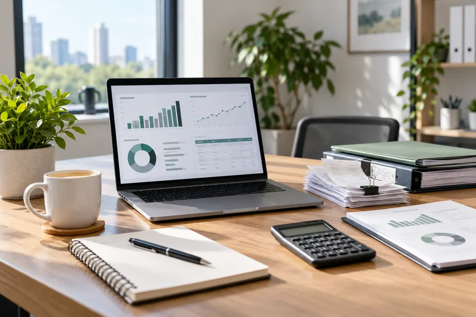 Organized bookkeeping records beside a laptop showing a financial dashboard.