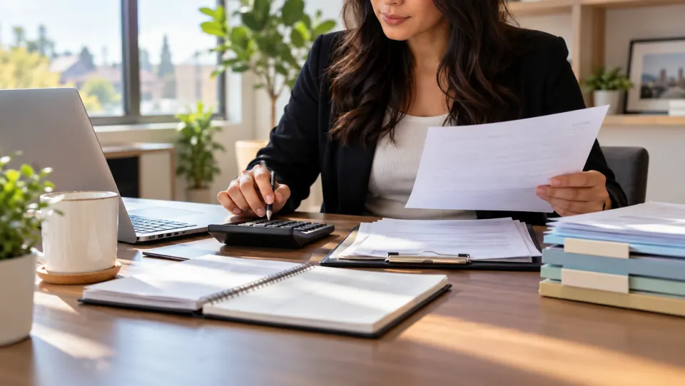 Organized tax documents being reviewed at a desk.