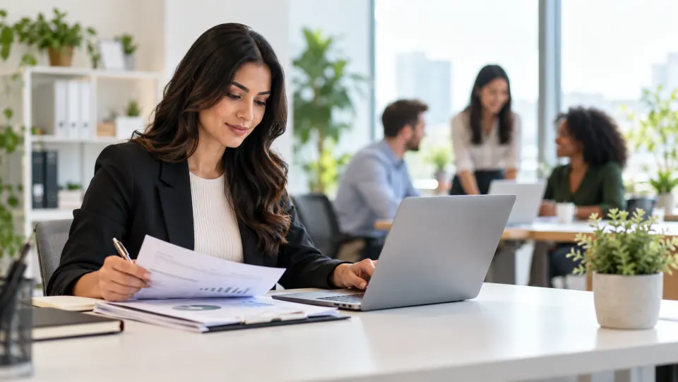 Self-employed professional reviewing business records at a laptop.