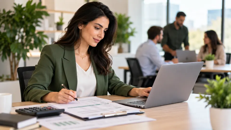 Financial professional reviewing business records with a small team nearby.