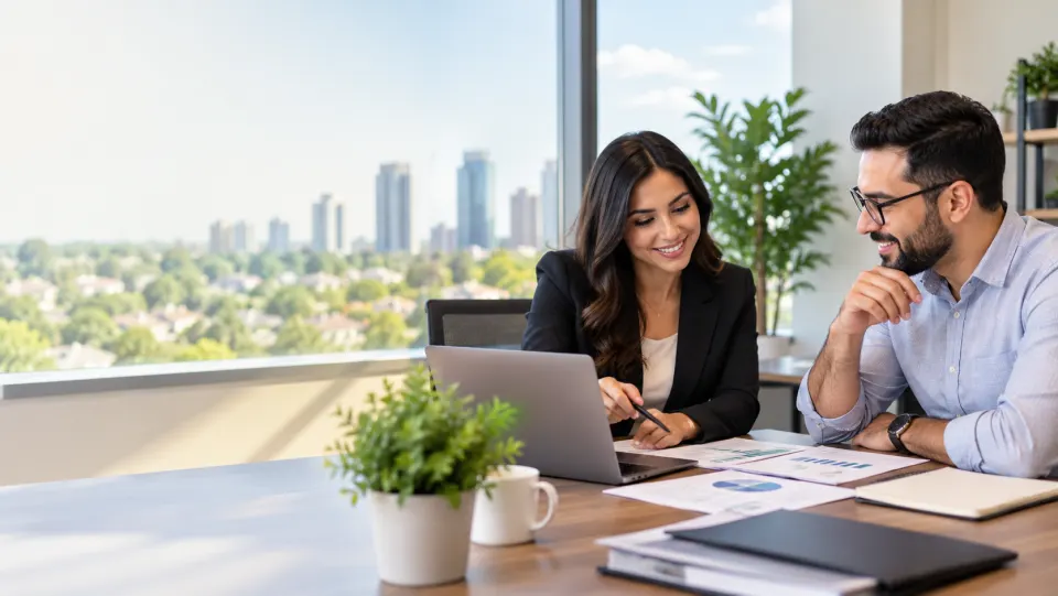 Advisor and client discussing financial plans at a table.